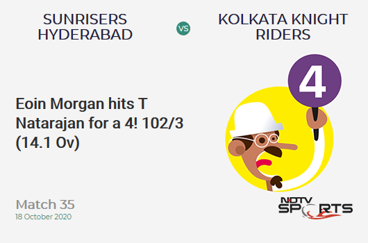 SRH vs KKR: Match 35: Eoin Morgan hits T Natarajan for a 4! Kolkata Knight Riders 102/3 (14.1 Ov). CRR: 7.2