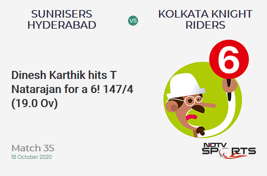 SRH vs KKR: Match 35: It's a SIX! Dinesh Karthik hits T Natarajan. Kolkata Knight Riders 147/4 (19.0 Ov). CRR: 7.73