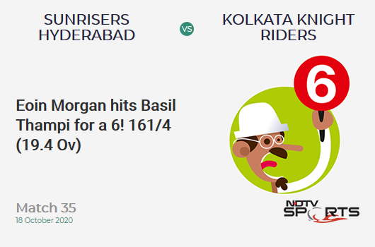 SRH vs KKR: Match 35: It's a SIX! Eoin Morgan hits Basil Thampi. Kolkata Knight Riders 161/4 (19.4 Ov). CRR: 8.18