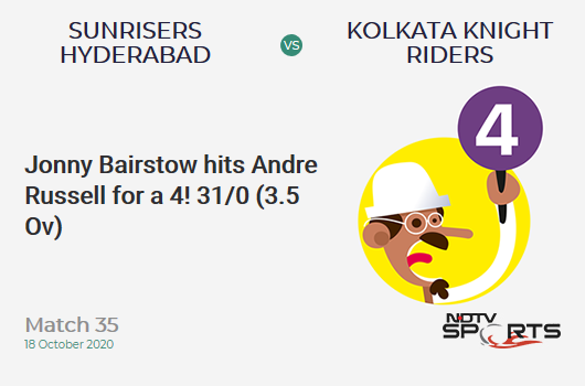 SRH vs KKR: Match 35: Jonny Bairstow hits Andre Russell for a 4! Sunrisers Hyderabad 31/0 (3.5 Ov). Target: 164; RRR: 8.23