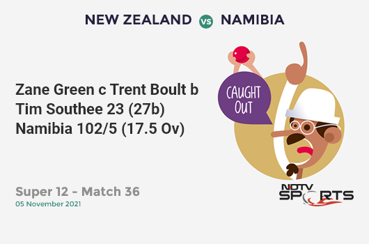 NZ vs NAM: Super 12 - Match 36: WICKET! Zane Green c Trent Boult b Tim Southee 23 (27b, 1x4, 1x6). NAM 102/5 (17.5 Ov). Target: 164; RRR: 28.62