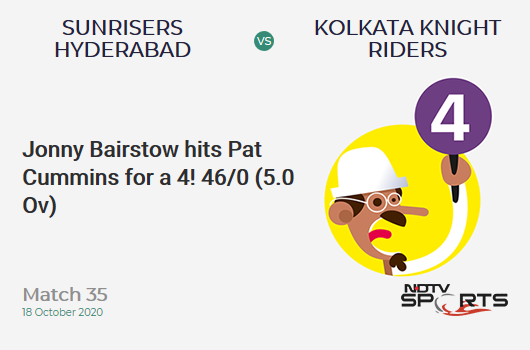 SRH vs KKR: Match 35: Jonny Bairstow hits Pat Cummins for a 4! Sunrisers Hyderabad 46/0 (5.0 Ov). Target: 164; RRR: 7.87