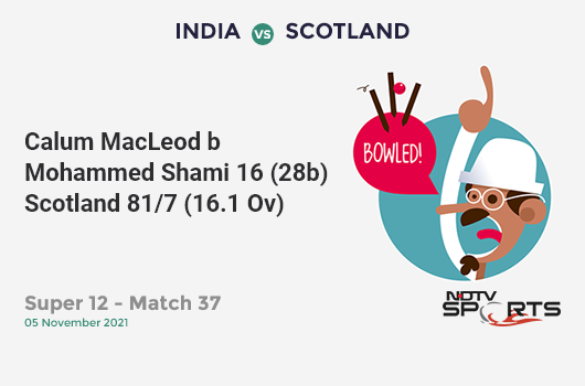 IND vs SCO: Super 12 - Match 37: WICKET! Calum MacLeod b Mohammed Shami 16 (28b, 0x4, 0x6). SCO 81/7 (16.1 Ov). CRR: 5.01