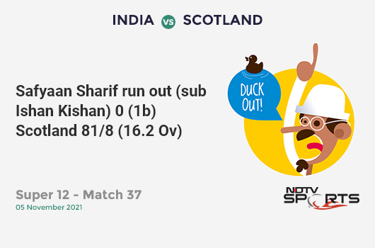 IND vs SCO: Super 12 - Match 37: WICKET! Safyaan Sharif run out (sub Ishan Kishan) 0 (1b, 0x4, 0x6). SCO 81/8 (16.2 Ov). CRR: 4.96