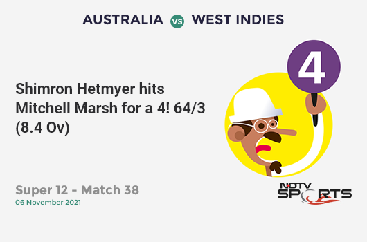 AUS vs WI: Super 12 - Match 38: Shimron Hetmyer hits Mitchell Marsh for a 4! WI 64/3 (8.4 Ov). CRR: 7.38