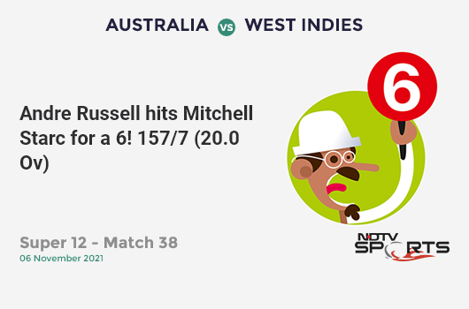 AUS vs WI: Super 12 - Match 38: It's a SIX! Andre Russell hits Mitchell Starc. WI 157/7 (20.0 Ov). CRR: 7.85