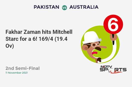 PAK vs AUS: 2nd Semi-Final: It's a SIX! Fakhar Zaman hits Mitchell Starc. PAK 169/4 (19.4 Ov). CRR: 8.59