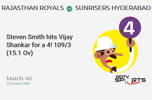 RR vs SRH: Match 40: Steven Smith hits Vijay Shankar for a 4! Rajasthan Royals 109/3 (15.1 Ov). CRR: 7.18