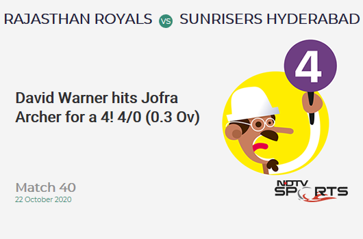 RR vs SRH: Match 40: David Warner hits Jofra Archer for a 4! Sunrisers Hyderabad 4/0 (0.3 Ov). Target: 155; RRR: 7.74