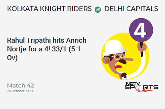 KKR vs DC: Match 42: Rahul Tripathi hits Anrich Nortje for a 4! Kolkata Knight Riders 33/1 (5.1 Ov). CRR: 6.38