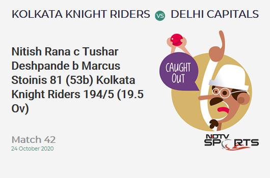 KKR vs DC: Match 42: WICKET! Nitish Rana c Tushar Deshpande b Marcus Stoinis 81 (53b, 13x4, 1x6). Kolkata Knight Riders 194/5 (19.5 Ov). CRR: 9.78