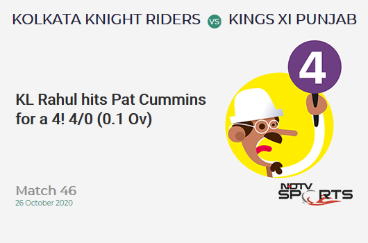 KKR vs KXIP: Match 46: KL Rahul hits Pat Cummins for a 4! Kings XI Punjab 4/0 (0.1 Ov). Target: 150; RRR: 7.36