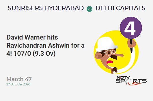 SRH vs DC: Match 47: David Warner hits Ravichandran Ashwin for a 4! Sunrisers Hyderabad 107/0 (9.3 Ov). CRR: 11.26