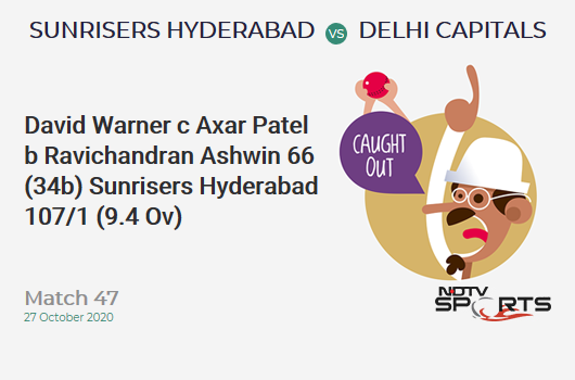 SRH vs DC: Match 47: WICKET! David Warner c Axar Patel b Ravichandran Ashwin 66 (34b, 8x4, 2x6). Sunrisers Hyderabad 107/1 (9.4 Ov). CRR: 11.06