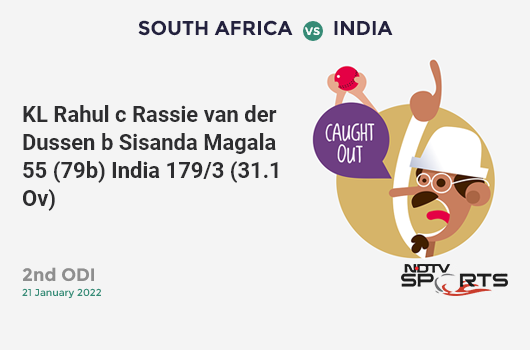 SA vs IND: 2nd ODI: WICKET! KL Rahul c Rassie van der Dussen b Sisanda Magala 55 (79b, 4x4, 0x6). IND 179/3 (31.1 Ov). CRR: 5.74
