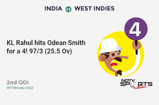 IND vs WI: 2nd ODI: KL Rahul hits Odean Smith for a 4! IND 97/3 (25.5 Ov). CRR: 3.75