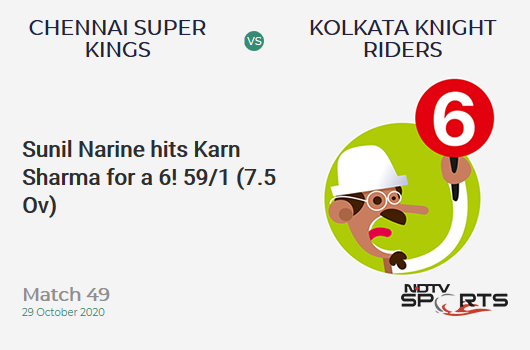 CSK vs KKR: Match 49: It's a SIX! Sunil Narine hits Karn Sharma. Kolkata Knight Riders 59/1 (7.5 Ov). CRR: 7.53