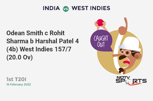 IND vs WI: 1st T20I: WICKET! Odean Smith c Rohit Sharma b Harshal Patel 4 (4b, 0x4, 0x6). WI 157/7 (20.0 Ov). CRR: 7.85