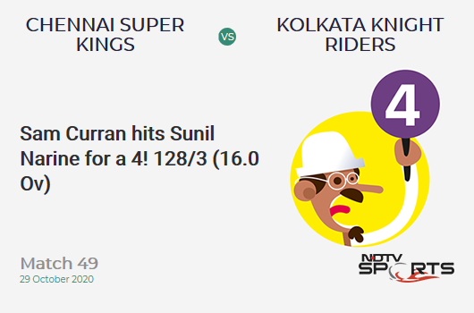 CSK vs KKR: Match 49: Sam Curran hits Sunil Narine for a 4! Chennai Super Kings 128/3 (16.0 Ov). Target: 173; RRR: 11.25