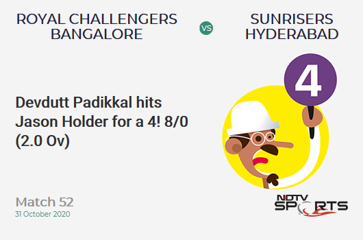 RCB vs SRH: Match 52: Devdutt Padikkal hits Jason Holder for a 4! Royal Challengers Bangalore 8/0 (2.0 Ov). CRR: 4