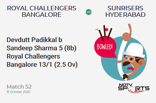 RCB vs SRH: Match 52: WICKET! Devdutt Padikkal b Sandeep Sharma 5 (8b, 1x4, 0x6). Royal Challengers Bangalore 13/1 (2.5 Ov). CRR: 4.58