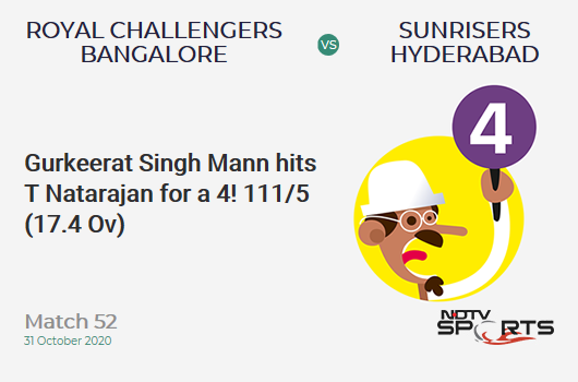 RCB vs SRH: Match 52: Gurkeerat Singh Mann hits T Natarajan for a 4! Royal Challengers Bangalore 111/5 (17.4 Ov). CRR: 6.28