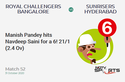 RCB در مقابل SRH: مسابقه 52: شش!  مانیش پندی به ناودیپ ساینی ضربه می زند.  Sunrisers Hyderabad 21/1 (2.4 Ov).  هدف: 121؛  RRR: 5.77