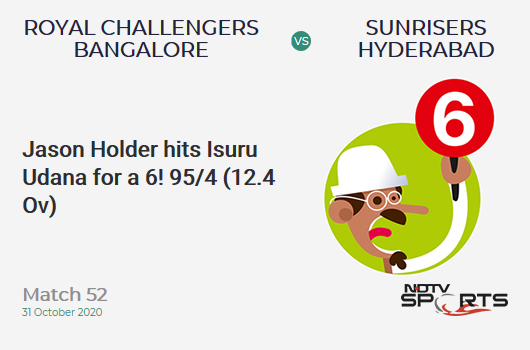 RCB vs SRH: Match 52: It's a SIX! Jason Holder hits Isuru Udana. Sunrisers Hyderabad 95/4 (12.4 Ov). Target: 121; RRR: 3.55