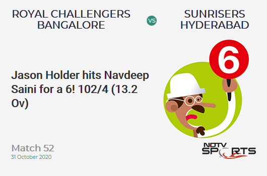 RCB vs SRH: Match 52: It's a SIX! Jason Holder hits Navdeep Saini. Sunrisers Hyderabad 102/4 (13.2 Ov). Target: 121; RRR: 2.85