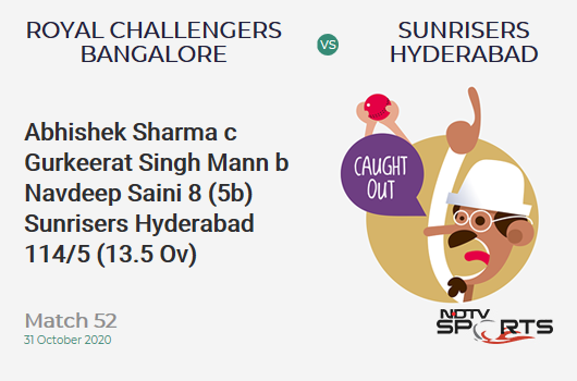 RCB vs SRH: Match 52: WICKET! Abhishek Sharma c Gurkeerat Singh Mann b Navdeep Saini 8 (5b, 0x4, 1x6). Sunrisers Hyderabad 114/5 (13.5 Ov). Target: 121; RRR: 1.14