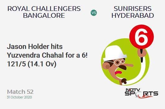 RCB vs SRH: Match 52: It's a SIX! Jason Holder hits Yuzvendra Chahal. Sunrisers Hyderabad 121/5 (14.1 Ov). Target: 121; RRR: 