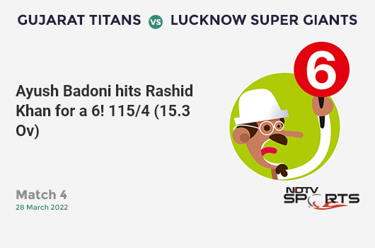 GT vs LSG: Match 4: It's a SIX! Ayush Badoni hits Rashid Khan. LSG 115/4 (15.3 Ov). CRR: 7.42