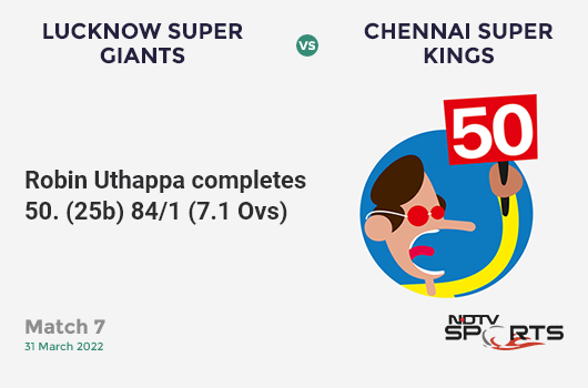 LSG vs CSK: Match 7: FIFTY! Robin Uthappa completes 50 (25b, 8x4, 1x6). CSK 84/1 (7.1 Ovs). CRR: 11.72