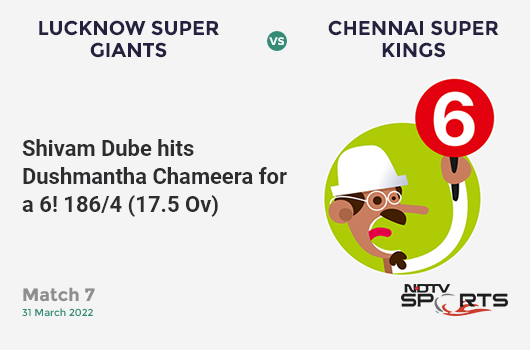 LSG vs CSK: Match 7: It's a SIX! Shivam Dube hits Dushmantha Chameera. CSK 186/4 (17.5 Ov). CRR: 10.43
