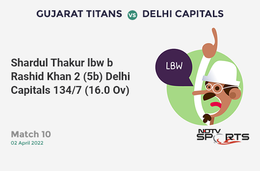 GT vs DC: Match 10: WICKET! Shardul Thakur lbw b Rashid Khan 2 (5b, 0x4, 0x6). DC 134/7 (16.0 Ov). Target: 172; RRR: 9.50