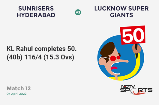 SRH vs LSG: Match 12: FIFTY! KL Rahul completes 50 (40b, 5x4, 0x6). LSG 116/4 (15.3 Ovs). CRR: 7.48