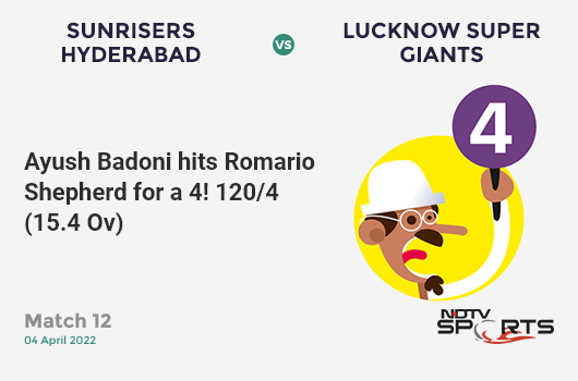 SRH vs LSG: Match 12: Ayush Badoni hits Romario Shepherd for a 4! LSG 120/4 (15.4 Ov). CRR: 7.66