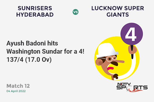 SRH vs LSG: Match 12: Ayush Badoni hits Washington Sundar for a 4! LSG 137/4 (17.0 Ov). CRR: 8.06