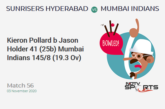 SRH vs MI: Match 56: WICKET! Kieron Pollard b Jason Holder 41 (25b, 2x4, 4x6). Mumbai Indians 145/8 (19.3 Ov). CRR: 7.43