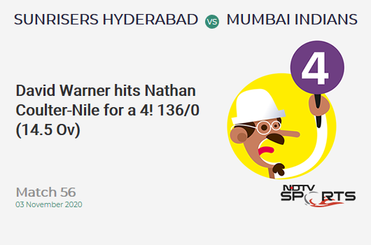 SRH vs MI: Match 56: David Warner hits Nathan Coulter-Nile for a 4! Sunrisers Hyderabad 136/0 (14.5 Ov). Target: 150; RRR: 2.71