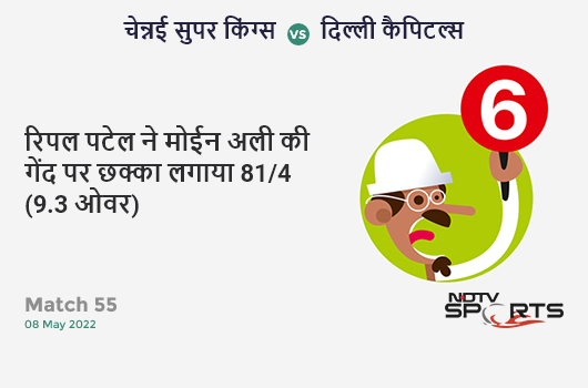 चेन्नई vs दिल्ली: Match 55: It's a SIX! Ripal Patel hits Moeen Ali. DC 81/4 (9.3 Ov). Target: 209; RRR: 12.19