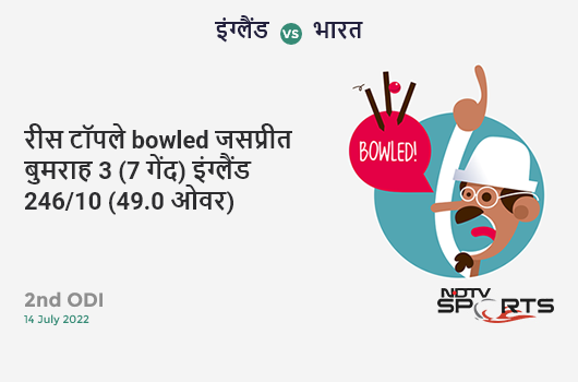 इंग्लैंड vs भारत: 2nd ODI: WICKET! Reece Topley b Jasprit Bumrah 3 (7b, 0x4, 0x6). ENG 246/10 (49.0 Ov). CRR: 5.02