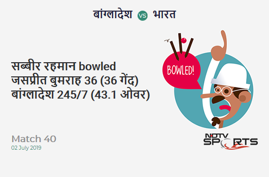 BAN vs IND: Match 40: WICKET! Sabbir Rahman b Jasprit Bumrah 36 (36b, 5x4, 0x6). बांग्लादेश 245/7 (43.1 Ov). Target: 315; RRR: 10.24 BAN vs IND: Match 40: WICKET! Sabbir Rahman b Jasprit Bumrah 36 (36b, 5x4, 0x6). बांग्लादेश 245/7 (43.1 Ov). Target: 315; RRR: 10.24