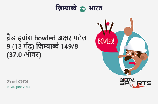 ज़िम्बाब्वे vs भारत: 2nd ODI: WICKET! Brad Evans b Axar Patel 9 (13b, 1x4, 0x6). ZIM 149/8 (37.0 Ov). CRR: 4.03