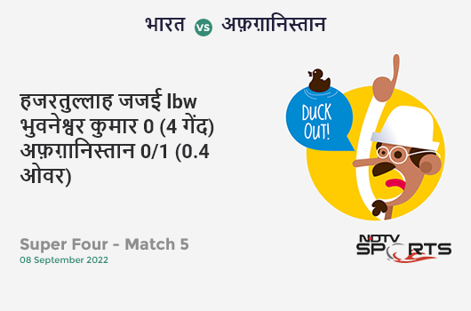 भारत vs अफ़ग़ानिस्तान: Super Four - Match 5: WICKET! Hazratullah Zazai lbw b Bhuvneshwar Kumar 0 (4b, 0x4, 0x6). AFG 0/1 (0.4 Ov). Target: 213; RRR: 11.02