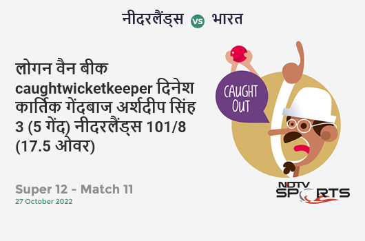 नीदरलैंड्स vs भारत: Super 12 - Match 11: WICKET! Logan van Beek c Dinesh Karthik b Arshdeep Singh 3 (5b, 0x4, 0x6). NED 101/8 (17.5 Ov). Target: 180; RRR: 36.46