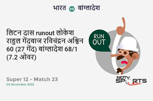 भारत vs बांग्लादेश: Super 12 - Match 23: WICKET! Litton Das run out (KL Rahul) 60 (27b, 7x4, 3x6). BAN 68/1 (7.2 Ov). Target: 151; RRR: 9.58