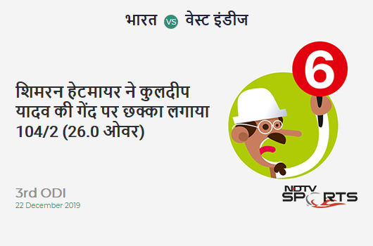IND vs WI: 3rd ODI: It's a SIX! Shimron Hetmyer hits Kuldeep Yadav. West Indies 104/2 (26.0 Ov). CRR: 4