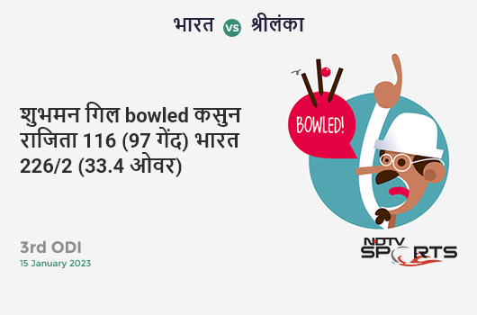 भारत vs श्रीलंका: 3rd ODI: WICKET! Shubman Gill b Kasun Rajitha 116 (97b, 14x4, 2x6). IND 226/2 (33.4 Ov). CRR: 6.71