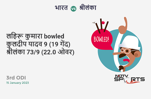 भारत vs श्रीलंका: 3rd ODI: WICKET! Lahiru Kumara b Kuldeep Yadav 9 (19b, 2x4, 0x6). SL 73/9 (22.0 Ov). Target: 391; RRR: 11.36 भारत vs श्रीलंका: 3rd ODI: WICKET! Lahiru Kumara b Kuldeep Yadav 9 (19b, 2x4, 0x6). SL 73/9 (22.0 Ov). Target: 391; RRR: 11.36